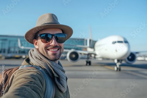 Handsome man wearing hat and sunglasses taking selfie picture in front of airplane