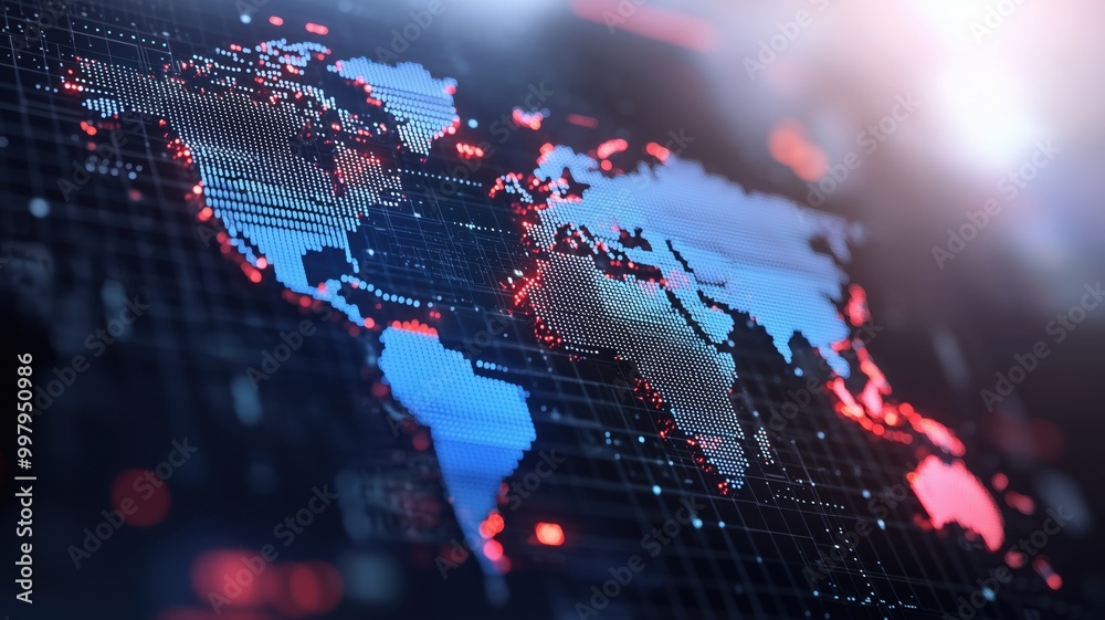 Obraz premium A close-up view of a digital world map with glowing blue and red details, representing modern technology and global connectivity.