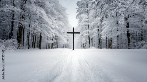 Wood Cross in Winter Snow Scenario photo