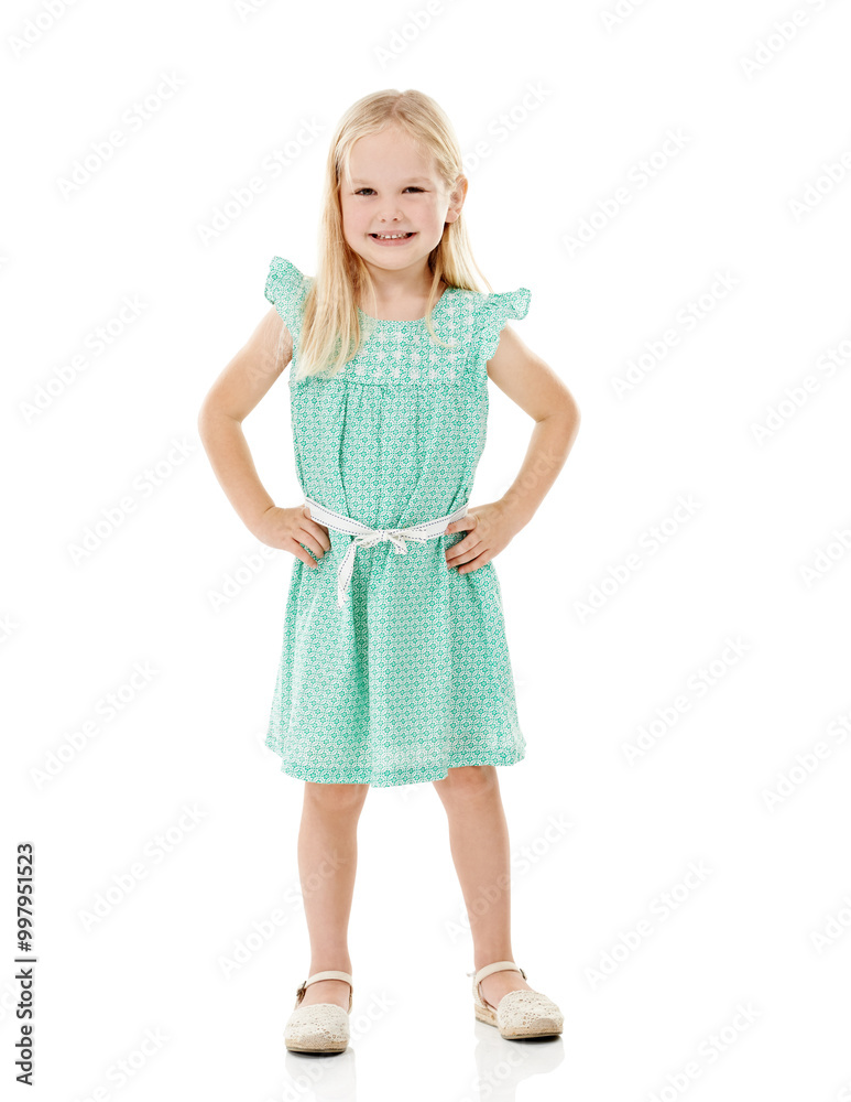 Kid, girl and smile in portrait for fashion with organic cotton, sustainability clothing or recycling fabric. Child, happy and confidence in studio with dress or style on white background with mockup Kid, girl and smile in portrait for fashion with organic cotton, sustainability clothing or recycling fabric. Child, happy and confidence in studio with dress or style on white background with mockup