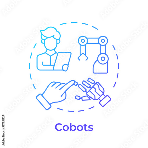 Cobots blue gradient concept icon. Collaborative robots. Industry 5.0 technology. Human-robot interaction. Round shape line illustration. Abstract idea. Graphic design. Easy to use in article