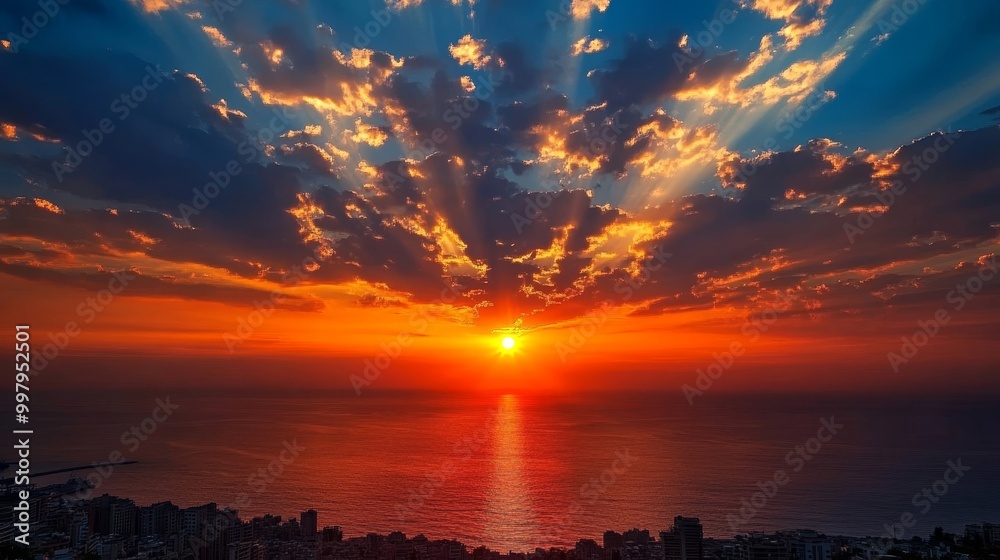 Obraz premium A stunning spectacle of Beirut city against the backdrop of a captivating sunset in Lebanon.