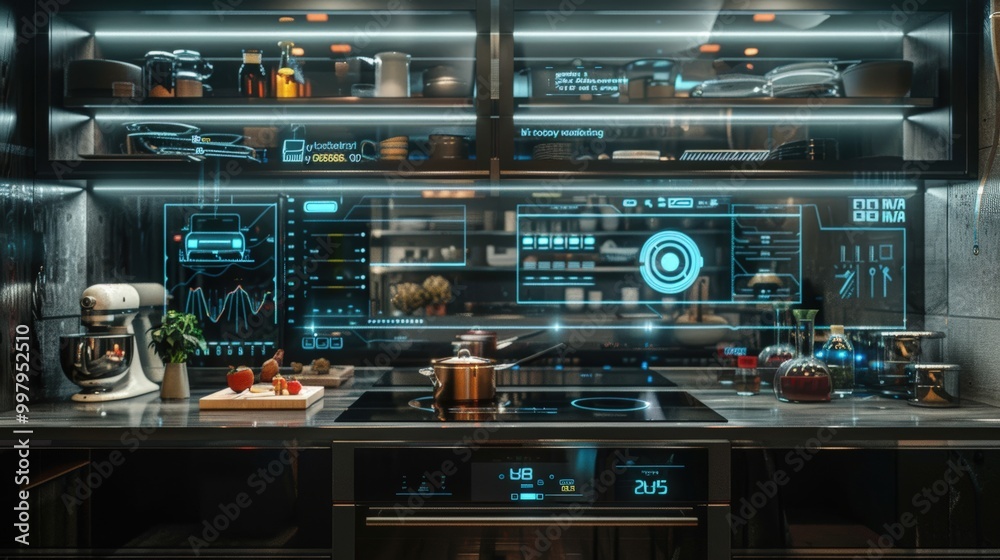 Obraz premium Smart Kitchen of the Future: Futuristic kitchen design with holographic interface and smart appliances. Sleek, modern design with integrated technology.