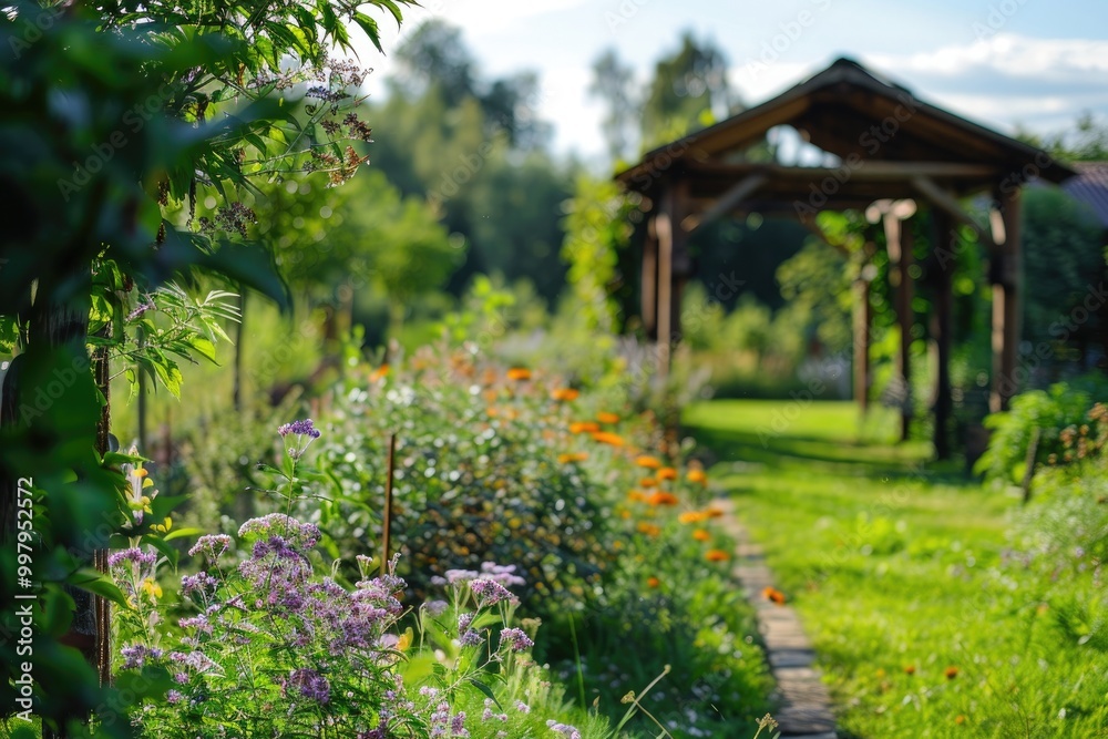 A lush garden with colorful flowers and greenery surrounding a rustic wooden pergola.