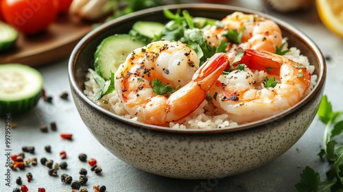 A delicious bowl of rice topped with grilled shrimp and fresh cucumbers, beautifully garnished with herbs and spices, creates a vibrant and appetizing dish