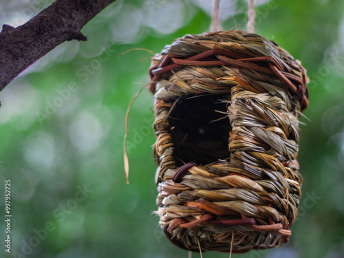 Handwoven Birdhouse Hanging Outdoors