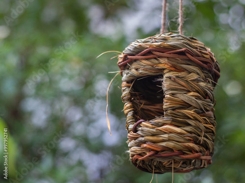 Handwoven Birdhouse Hanging Outdoors
