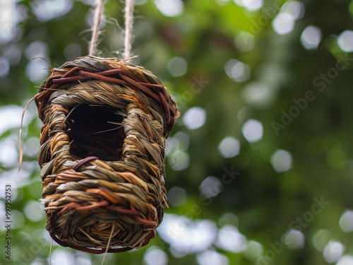 Handwoven Birdhouse Hanging Outdoors