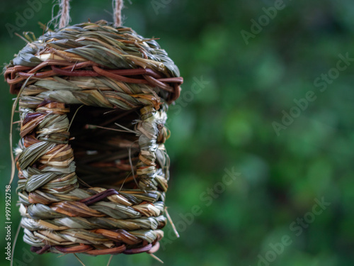 Handwoven Birdhouse Hanging Outdoors
