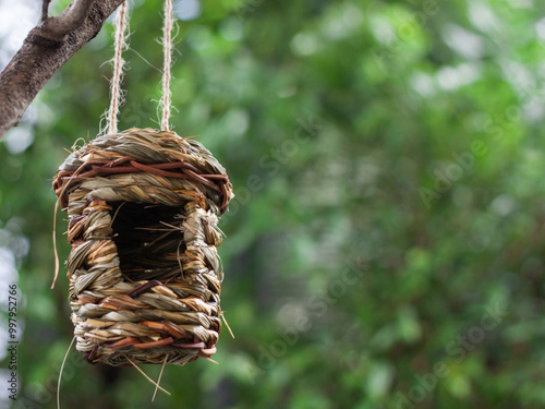 Handwoven Birdhouse Hanging Outdoors