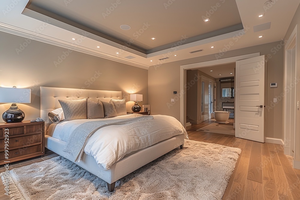 A large bedroom with a white bed, a white rug, and a white dresser