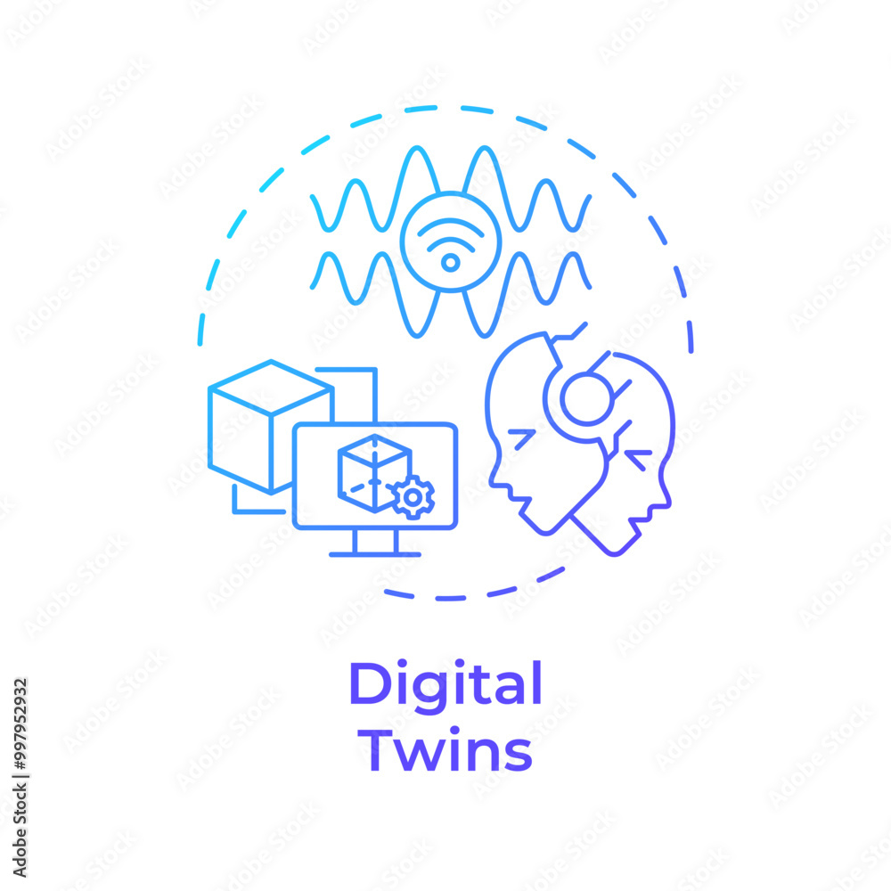 Digital twins blue gradient concept icon. Virtual simulation. Industry 5.0 technology. Predictive maintenance. Round shape line illustration. Abstract idea. Graphic design. Easy to use Digital twins blue gradient concept icon. Virtual simulation. Industry 5.0 technology. Predictive maintenance. Round shape line illustration. Abstract idea. Graphic design. Easy to use