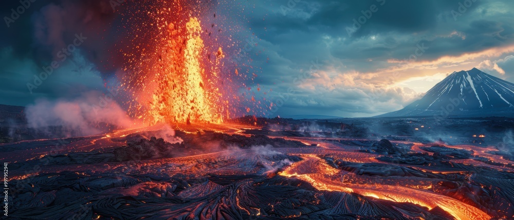 Dramatic Eruption of Volcanic Lava Flow at Dusk Dramatic Eruption of Volcanic Lava Flow at Dusk