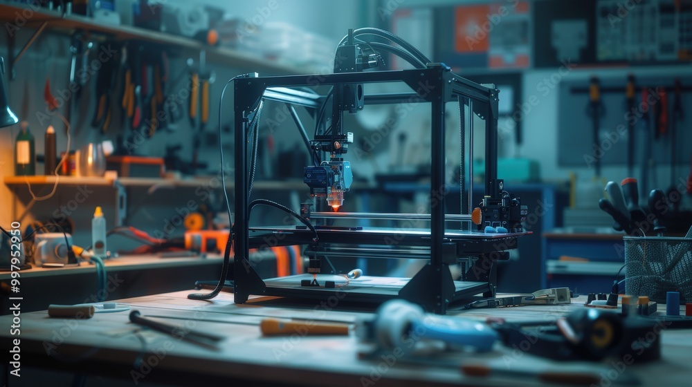 3D Printing in Action: A close-up shot of a 3D printer in operation, capturing the intricate process of additive manufacturing in a dimly lit workshop.