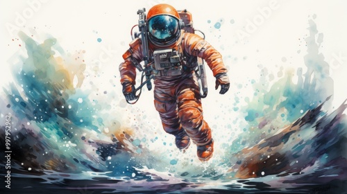 A man in an orange spacesuit is jumping into the water