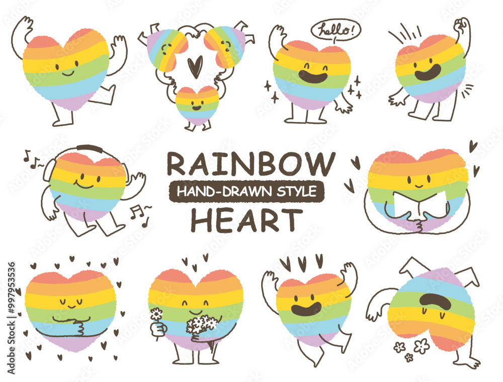 Obraz premium Cute hand drawn style rainbow color heart shape character sticker. Variety of love symbol concept crayon drawing doodles Health, lovely, running hearts icon set. LGBTQ Love is love. Romantic valentine