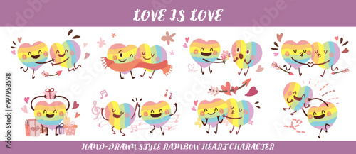 Hand drawn style rainbow heart shape valentine's day character vector set. Collection of the comic LGBTQ couple lover date. Joyful homosexual couple in love concept sticker. Love is love. Hug Kiss 