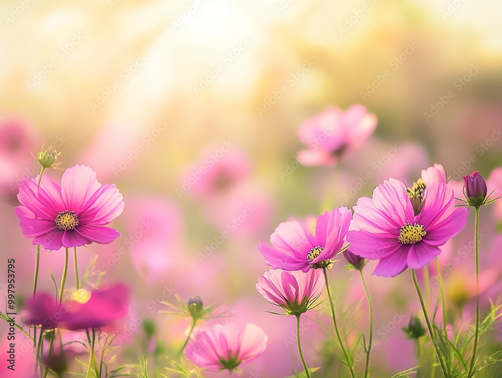 2408 47.A colorful field of cosmos flowers stretching into the distance, their bright pink blooms illuminated by the warm morning light. The soft petals and fresh green stems create a serene, 2408 47.A colorful field of cosmos flowers stretching into the distance, their bright pink blooms illuminated by the warm morning light. The soft petals and fresh green stems create a serene,