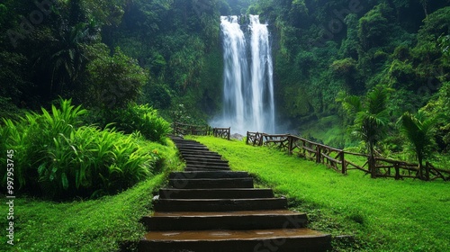 Beautiful green grass, stairs leading to the waterfall in front of it, photo