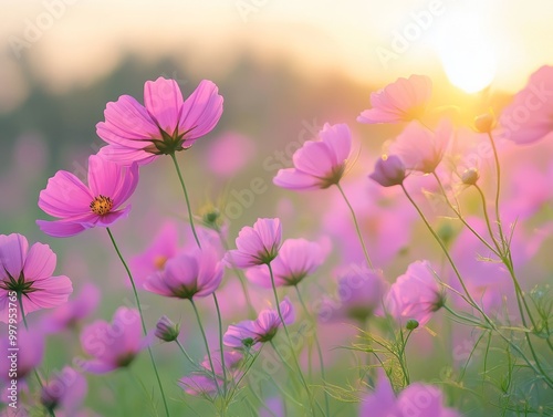 2408 47.A colorful field of cosmos flowers stretching into the distance, their bright pink blooms illuminated by the warm morning light. The soft petals and fresh green stems create a serene,