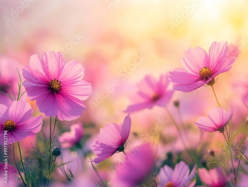 2408 47.A colorful field of cosmos flowers stretching into the distance, their bright pink blooms illuminated by the warm morning light. The soft petals and fresh green stems create a serene,