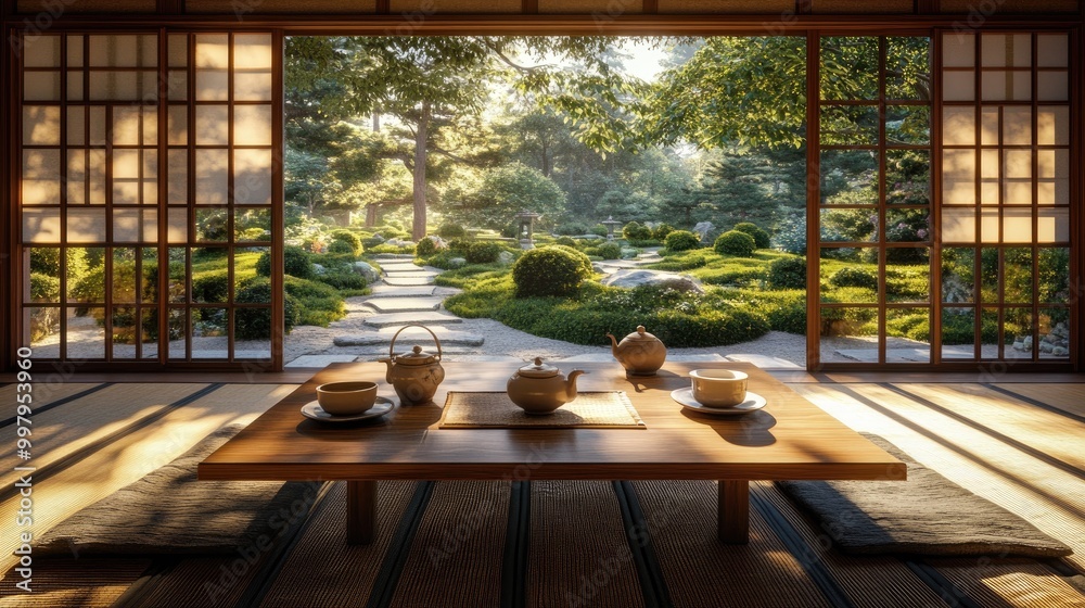Fototapeta premium A serene Japanese tea house with tatami mats