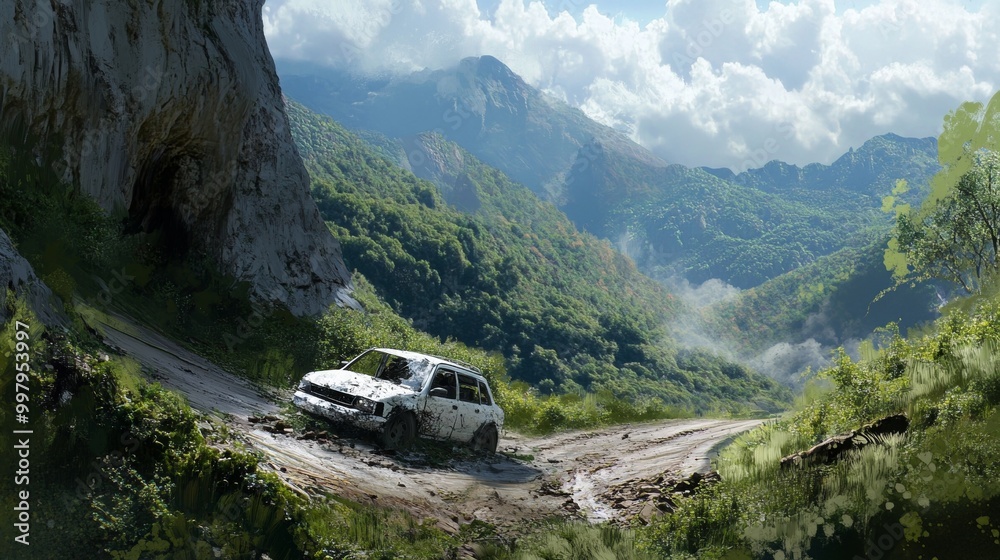 A white vehicle crashed on a winding road. A white vehicle crashed on a winding road.