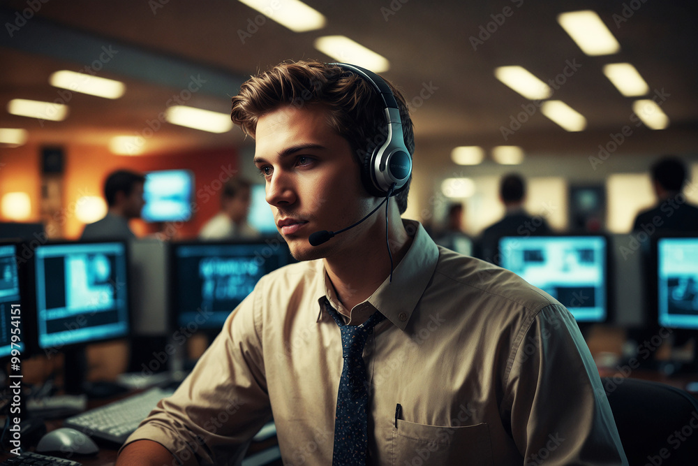 Call center, communication on computer at night for business advisory, telemarketing and help. Male consultant, online technology and sales office for client support, help or advice Call center, communication on computer at night for business advisory, telemarketing and help. Male consultant, online technology and sales office for client support, help or advice