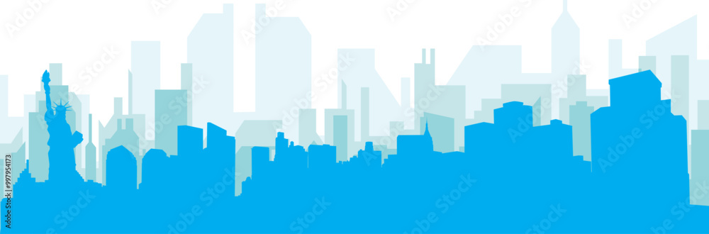Naklejka premium Blue panoramic city skyline poster with bluish misty transparent background buildings of NEW YORK, UNITED STATES