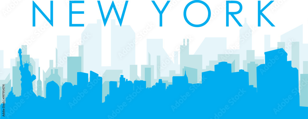 Blue panoramic city skyline poster with bluish misty transparent background buildings of NEW YORK, UNITED STATES Blue panoramic city skyline poster with bluish misty transparent background buildings of NEW YORK, UNITED STATES