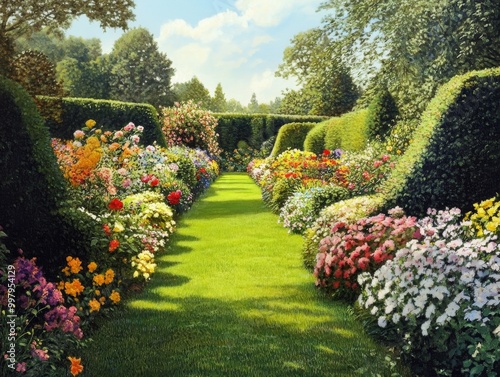 2408 54.A rich English garden scene with carefully tended flower beds bursting with color. The bright, multi-hued flowers are planted in symmetrical rows, with tall hedges and lush green lawns photo