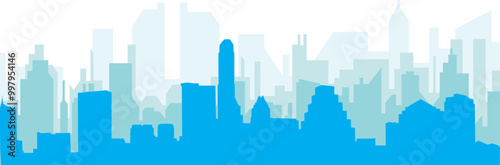 Blue panoramic city skyline poster with bluish misty transparent background buildings of AUSTIN, UNITED STATES