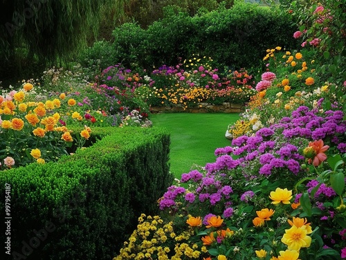 2408 55.A charming English garden with flower beds filled with a variety of colorful blooms. The bright pinks, yellows, and purples of the flowers stand out against the deep green hedges, creating a