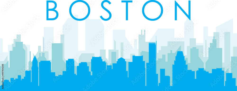 Blue panoramic city skyline poster with bluish misty transparent background buildings of BOSTON, UNITED STATES Blue panoramic city skyline poster with bluish misty transparent background buildings of BOSTON, UNITED STATES