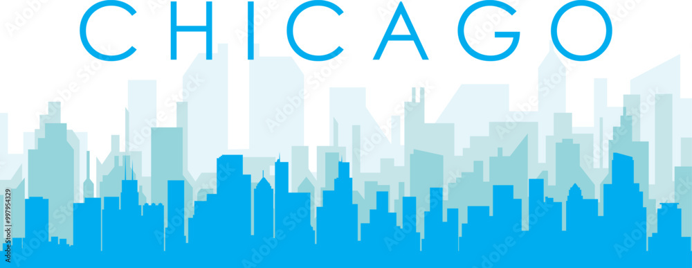 Blue panoramic city skyline poster with bluish misty transparent background buildings of CHICAGO, UNITED STATES Blue panoramic city skyline poster with bluish misty transparent background buildings of CHICAGO, UNITED STATES
