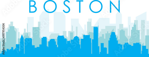 Blue panoramic city skyline poster with bluish misty transparent background buildings of BOSTON, UNITED STATES photo