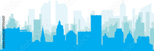 Blue panoramic city skyline poster with bluish misty transparent background buildings of PROVIDENCE, UNITED STATES