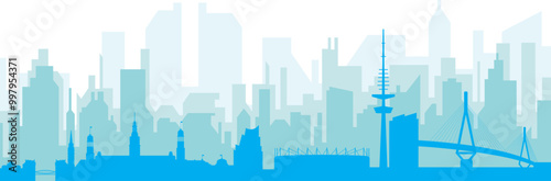 Blue panoramic city skyline poster with bluish misty transparent background buildings of HAMBURG, GERMANY