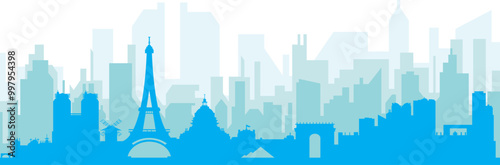 Blue panoramic city skyline poster with bluish misty transparent background buildings of PARIS, FRANCE