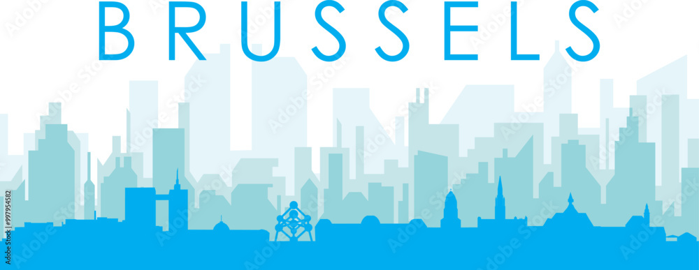 Fototapeta premium Blue panoramic city skyline poster with bluish misty transparent background buildings of BRUSSELS, BELGIUM