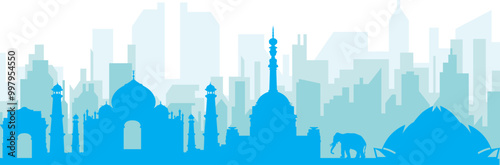 Blue panoramic city skyline poster with bluish misty transparent background buildings of NEW DELHI, INDIA