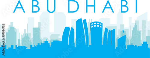 Blue panoramic city skyline poster with bluish misty transparent background buildings of ABU DHABI, UNITED ARAB EMIRATES