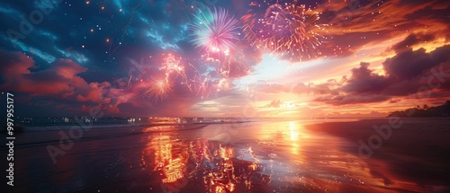 Colorful Fireworks Display Over Serene Beach at Sunset