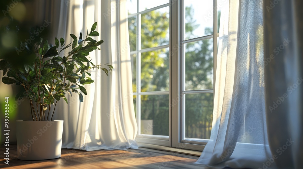 Fototapeta premium A bright room features sheer curtains framing a window with a leafy plant nearby, allowing natural light to spill in.