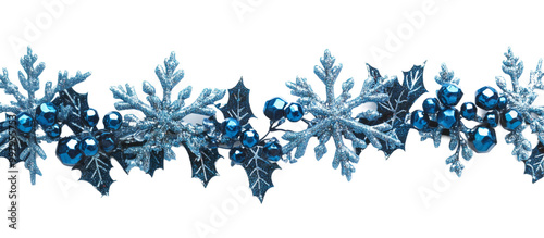 Festive Blue and Silver Holiday Garland with Snowflakes and Berries on Black Background