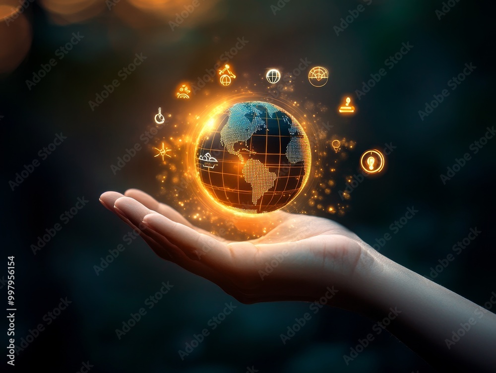 2408 100.A detailed image of a hand holding a small globe, with ESG icons floating around it. The visual symbolizes global cooperation in business, with a focus on integrating sustainable 2408 100.A detailed image of a hand holding a small globe, with ESG icons floating around it. The visual symbolizes global cooperation in business, with a focus on integrating sustainable
