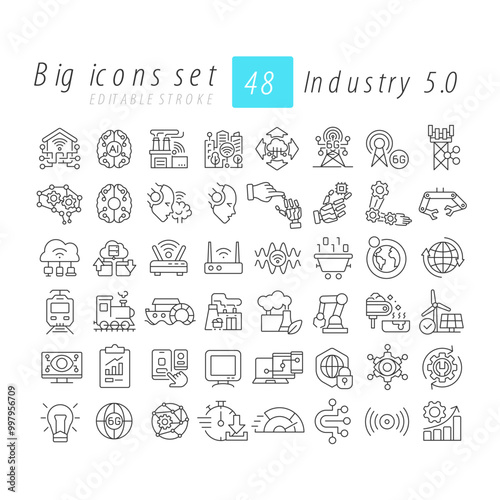 Industry 5.0 linear icons set. Artificial intelligence. Automation. Smart factories. Digital transformation. Customizable thin line symbols. Isolated vector outline illustrations. Editable stroke