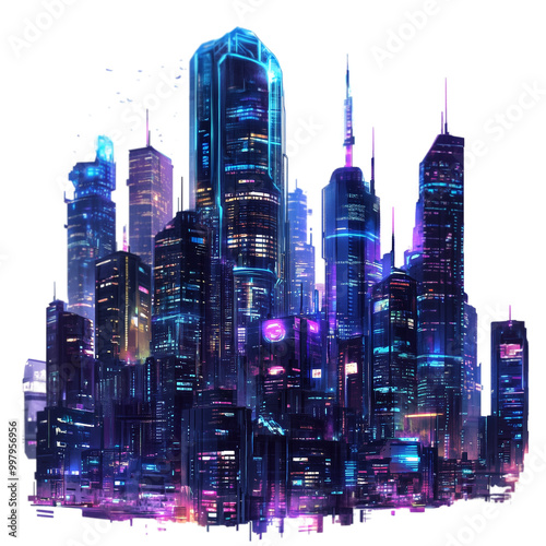 Cyberpunk night city isolated on transparent background