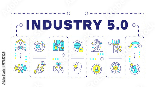 Industry 5 word concept isolated on white. Smart city. Internet of everything. 6G technology. Creative illustration banner surrounded by editable line colorful icons. Hubot Sans font used