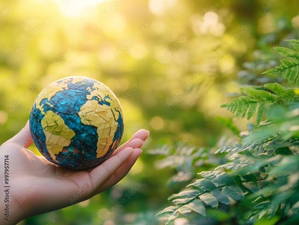 2408 127.A close-up of a handmade globe resting in the palm of a hand, surrounded by vibrant green leaves and sunlight filtering through the trees. The image conveys themes of environmental 2408 127.A close-up of a handmade globe resting in the palm of a hand, surrounded by vibrant green leaves and sunlight filtering through the trees. The image conveys themes of environmental